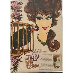 1960's Vintage Fashion Tussy Eye Cream Print Ad Crows Feet Bird Retro Beauty